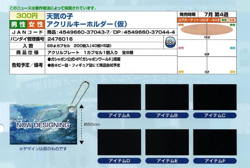 【B】300日元扭蛋 天气之子 亚克力挂件 全6种 (1袋40个) 370437