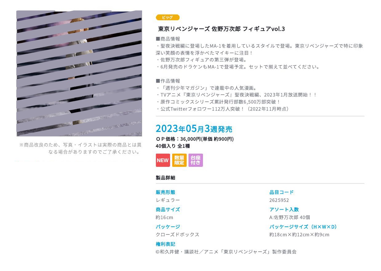 【A】景品 手办 东京复仇者 佐野万次郎 第3弹 全1种（1箱40个）2625952
