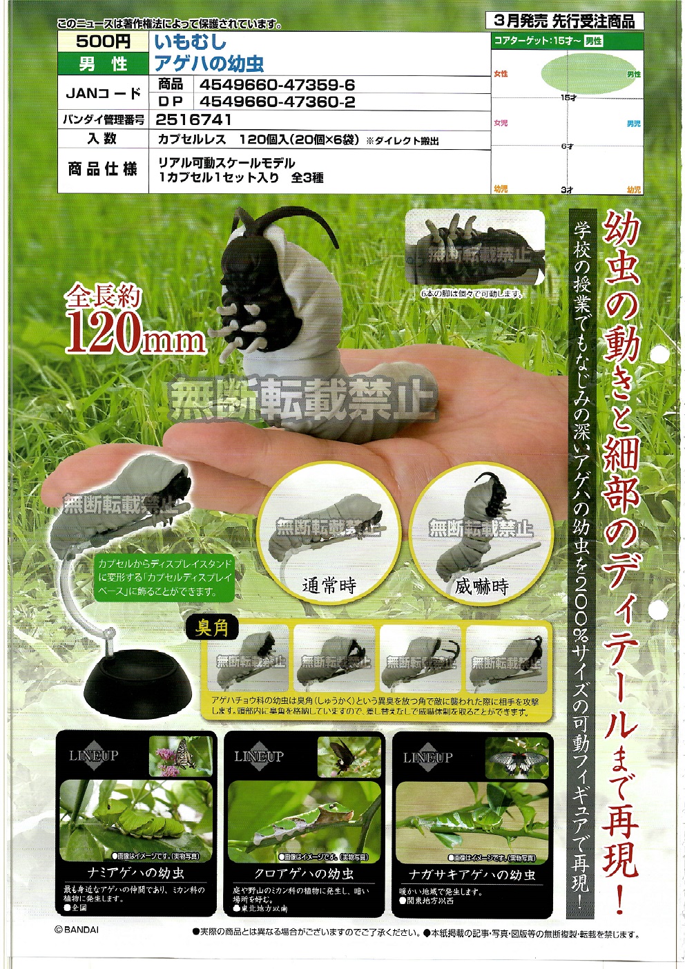 【A】500日元扭蛋 生物模型 凤尾蝶的幼虫 全3种 (1袋20个) 473596