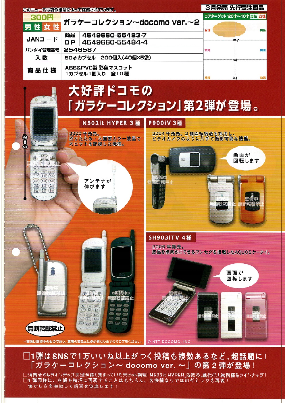 【A】300日元扭蛋 仿真翻盖手机 Docomo Ver.2 全10种 (1袋40个) 554837