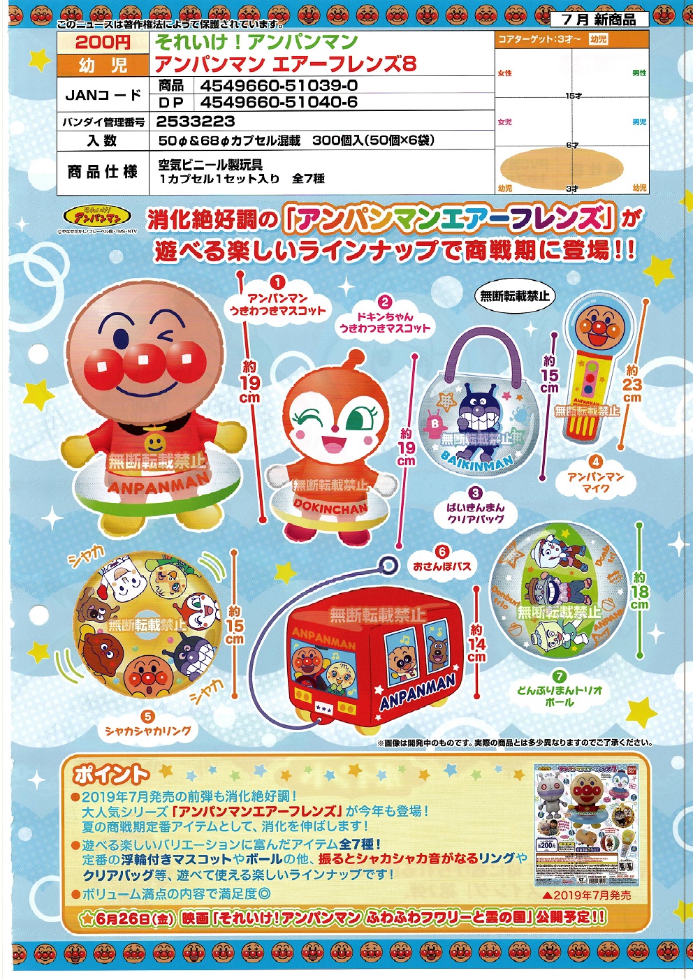 【A】200日元扭蛋 面包超人 空气玩具 第8弹 全7种 (1袋50个)  510390