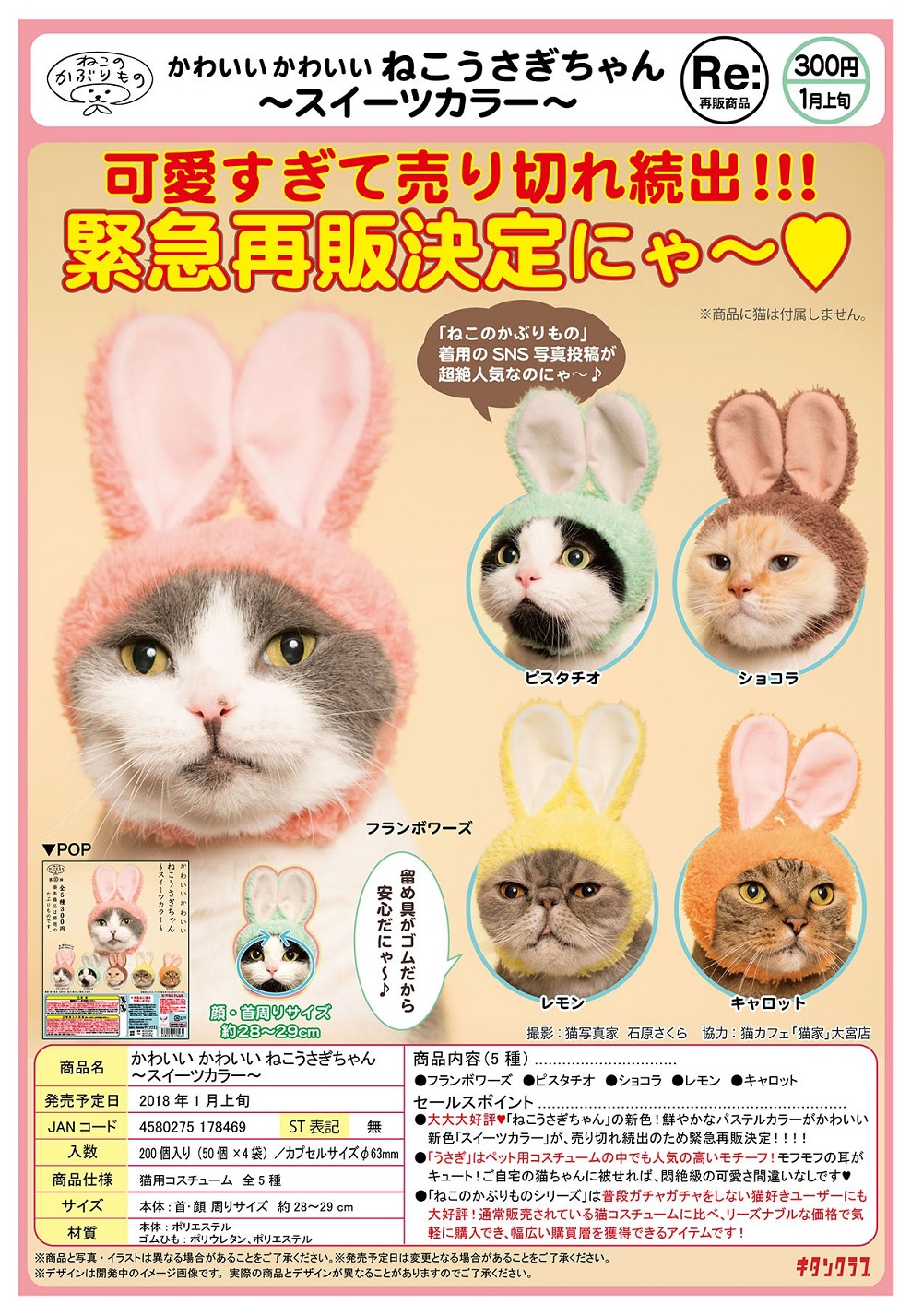 再版 300日元扭蛋 可爱猫猫头巾 兔耳Ver. 甜美色 全5种 178469ZB