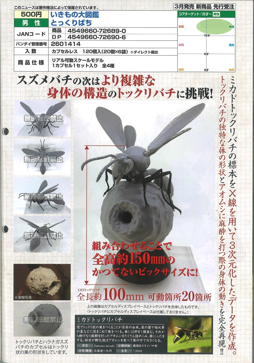 【A】500日元扭蛋 生物模型 生物大图鉴 米蜾蠃 全4种 (1袋20个) 726890